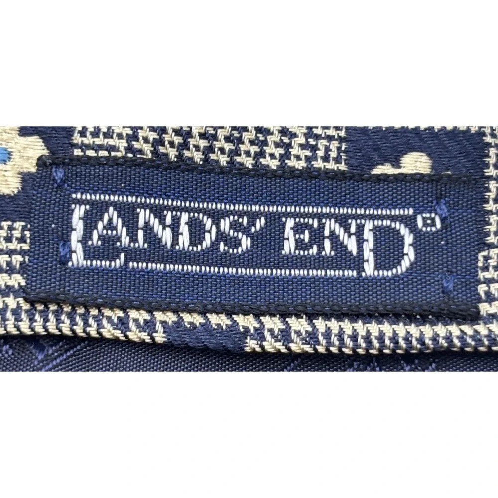 Lands' End Men's Silk Necktie Navy & Tan Glen Plaid Floral Geometric Classic Tie